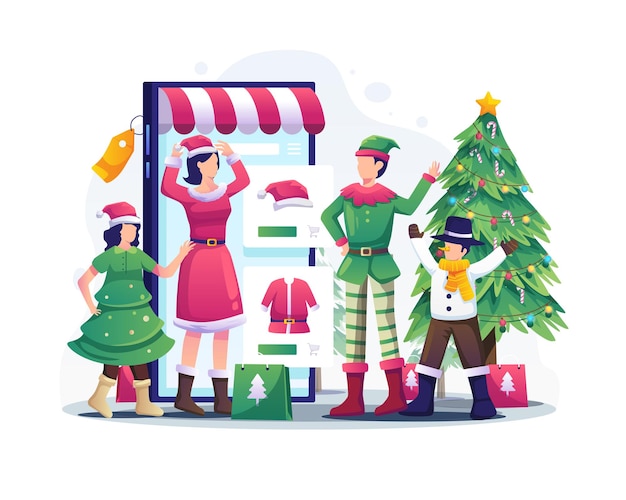 Family is shopping online via smartphone and trying Christmas outfits illustration