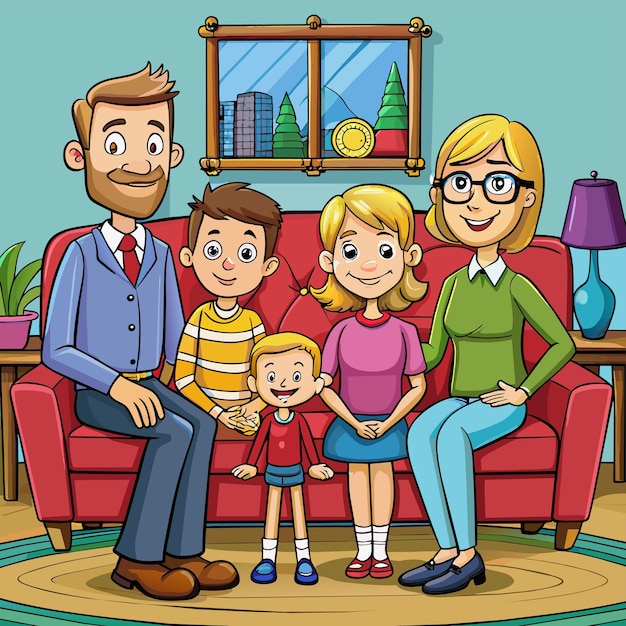 Vector a family is sitting on a couch with a clock in the background