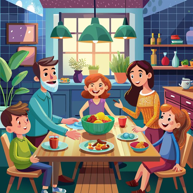 a family is sitting at a table with a man and a woman in a blue shirt