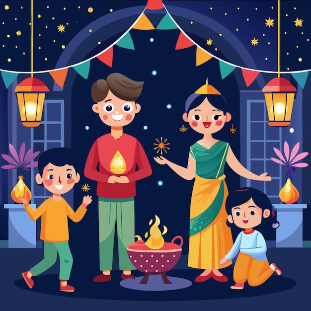 a family is standing in front of a house with a lit candle