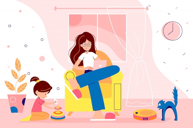 Family is staying at home on quarantine and spending time together. Woman is working from home remotely. flat style illustration