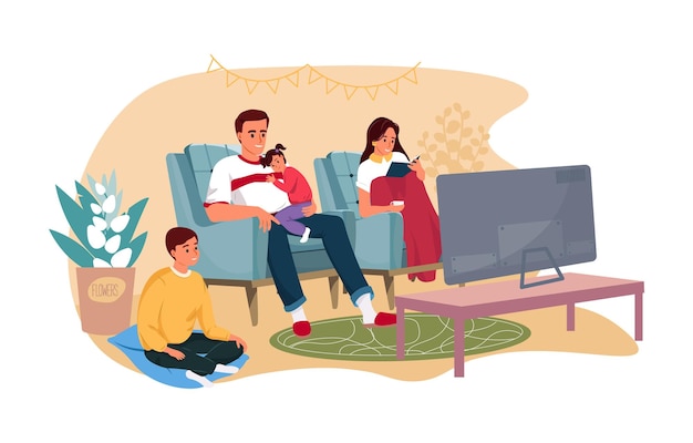 Family leisure Happy family smiling sitting on sofa Parents and children spend time together