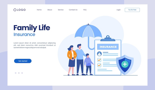 Family life insurance protection umbrella form protect assurance flat illustration vector landing page template