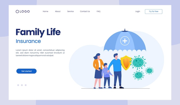 Family life insurance protection umbrella form protect assurance flat illustration vector landing page template