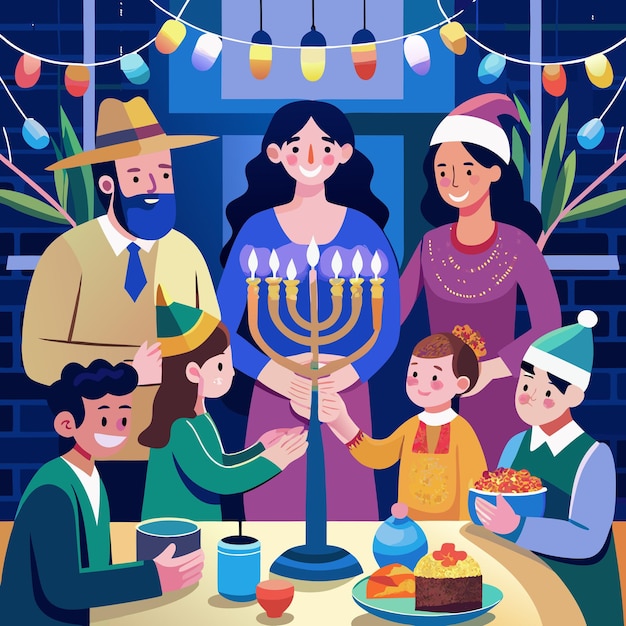 Vector family lighting the menorah with a warm cozy hanukkah setting illustration