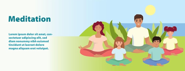 A family meditates in nature and leaves and the sunset  Vector illustration in  a flat cartoon