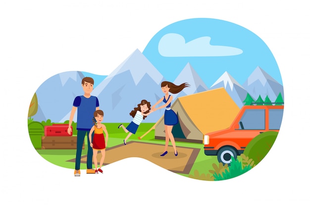 Family in Mountain Camp Flat Vector Illustration