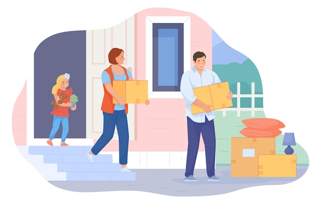 Vector family moving house happy parents and kid with cardboard boxes