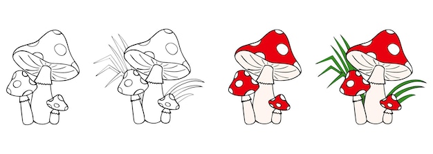 Family of mushrooms with red cap and white dots in the grass Page for children's coloring book Amanita on white background Vector illustration