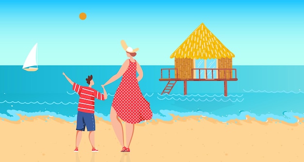 Family near ocean water vector illustration flat woman boy character rest at sea shore mother son kid at summer vacation look at stilt house