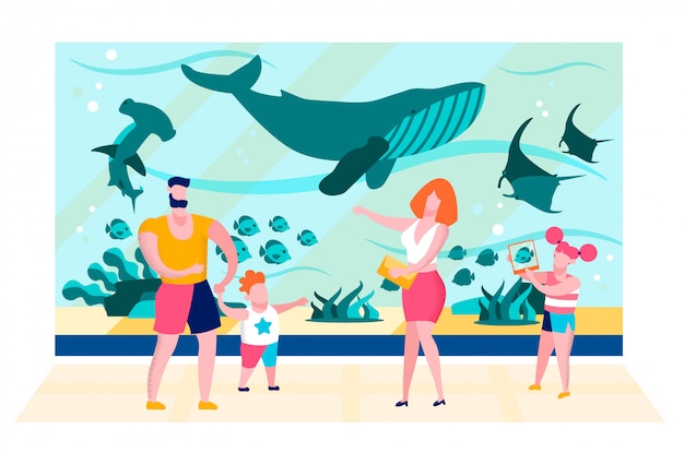 Family near Oceanarium Aquarium Glass Flat Vector