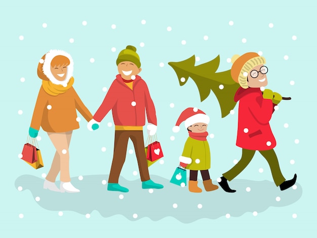 Family outdoor with Christmas tree, shopping bags in winter holidays illustration.