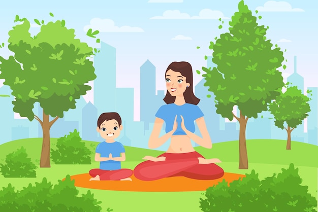 Family outdoor yoga in summer park happy mother and child son sitting in lotus position