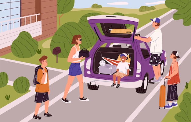 Family packing baggage into open car door Parents with kids teens going to holiday road trip People loading luggage into automobile trunk to moving leaving to auto travel Flat vector illustration