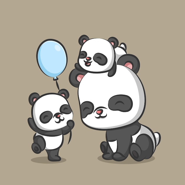 family of panda playing together with blue balloons