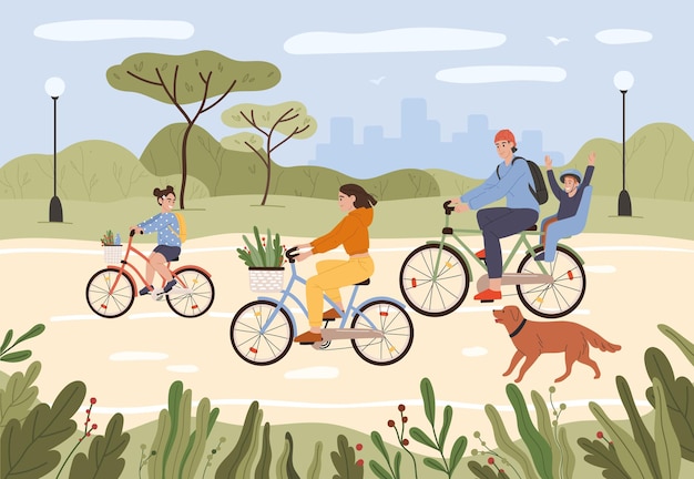 Family Parents and kids riding bikes Active family cycling in city park vector illustration