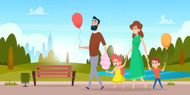 Vector family park walking parents outdoor activities with kids exact vector background