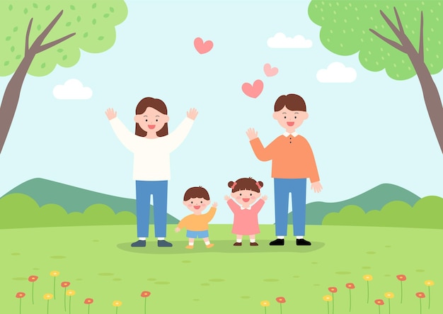 Family in the park with hearts