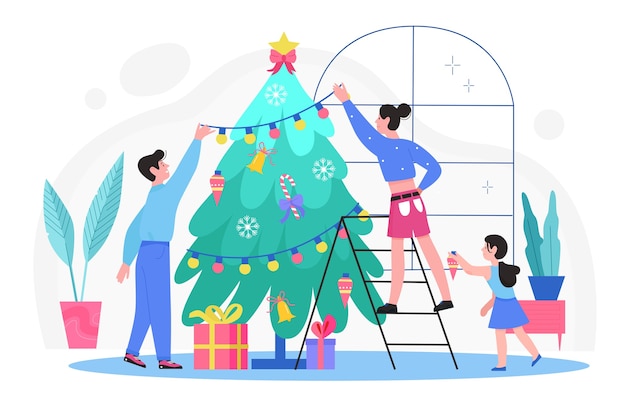 Family people decorating Christmas tree in home living room interior