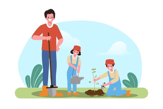 Family people to grow trees in outdoor activity.