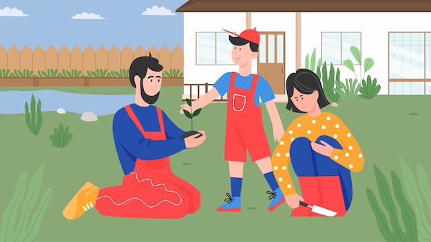 Family people planting, cartoon father, mother and child boy gardeners plant tree in house garden