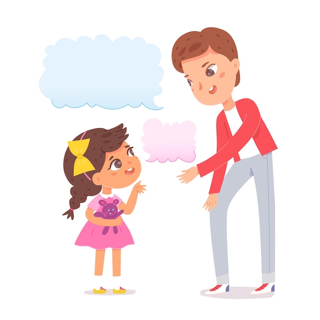 Family people talk child and adult talking girl and parent standing together dialog conversation in empty blank chat balloon blue pink speech bubbles isolated on white