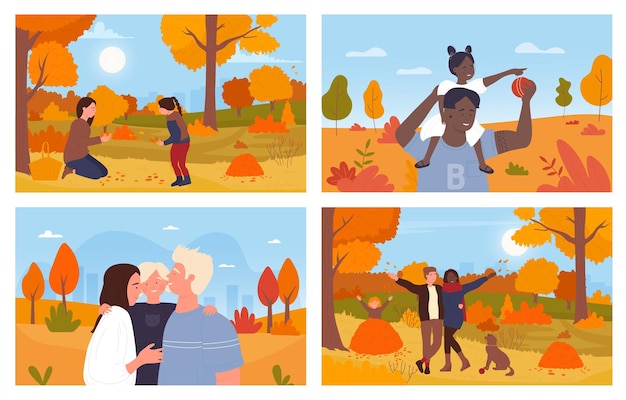 Vector family people walk in autumn nature park or forest happy characters enjoy autumn weather