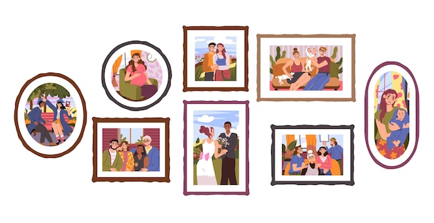 Family photo frames Parents and babies pictures Wall with memory portraits Kids photographs Wedding snapshot Happy couple Pregnant woman or mother with toddler Vector cartoon set