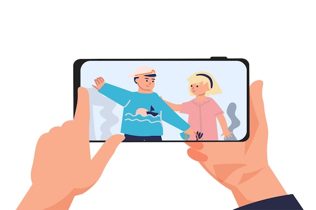 Family photo Hands holding smartphone Man and woman together portrait Person looking at photographs on phone screen Human arms with device Happy couple snapshot Vector concept