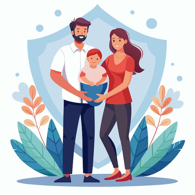 a family photo with a child and a blue background