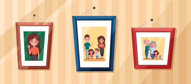 Vector family photos with parents and kids portrait in frames memory pictures with grandparents