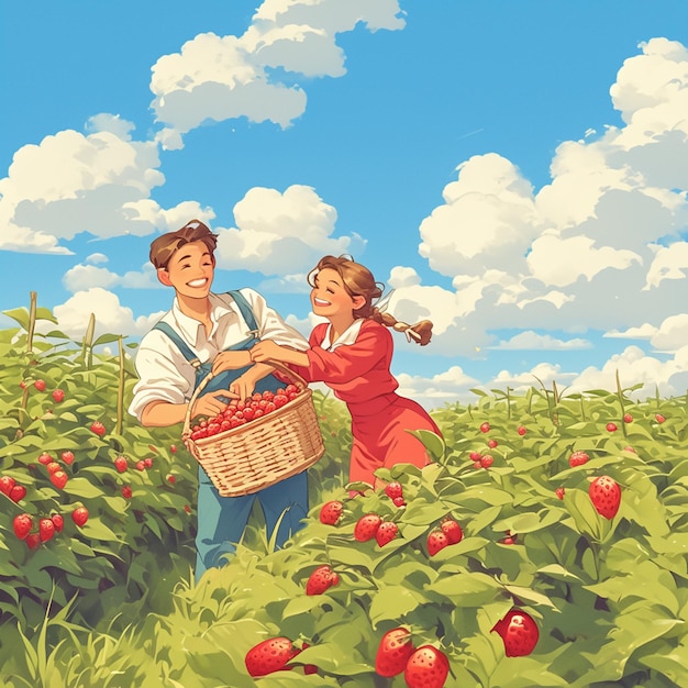 Family Picking Fresh Strawberries at a Farm