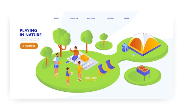 Family on picnic in nature landing page design website banner vector template Father mother and kids playing ball