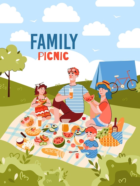 Family picnic on summer day  cartoon poster with happy parents and children