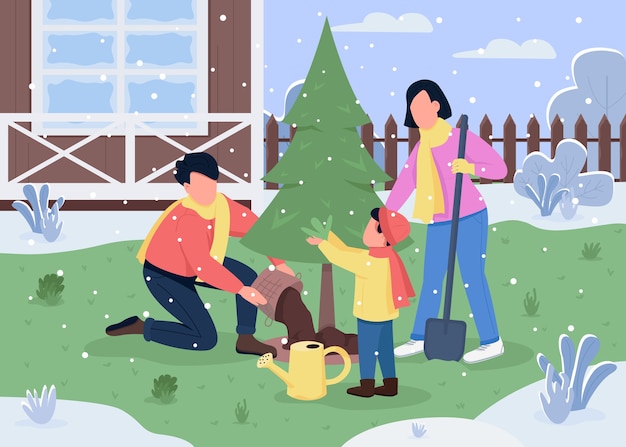 Family plant tree semi flat illustration. Winter activity for mother, father and son