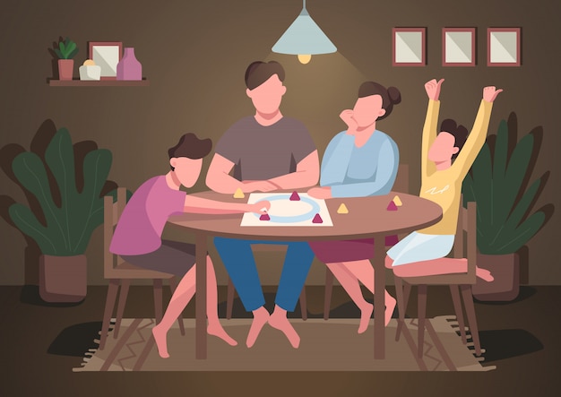 Family play board game flat color illustration. Evening entertainment for kids and parents. Mom and dad play tabletop game. Relatives 2D cartoon characters with interior on background