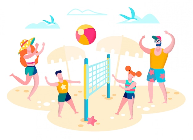 Family Playing Volleyball on Beach Vector Concept