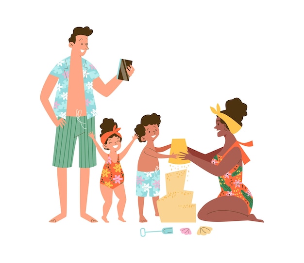 Family playing with sand on the beach cartoon vector illustration isolated