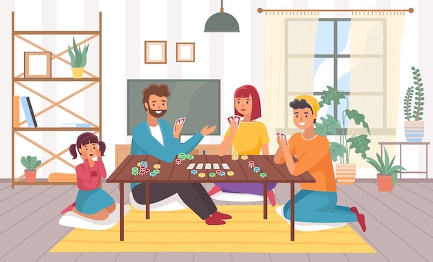 Family plays board games at home Happy parents and children in room interior with chips and cards on table People card roleplaying game joint hobby communication leisure time vector concept