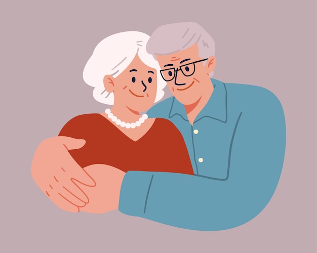 Family portrait of a happy elderly couple illustration in cartoon flat style