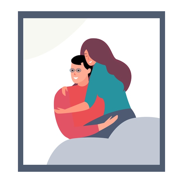 Family portrait of a man and a woman in a frame Flat vector illustration