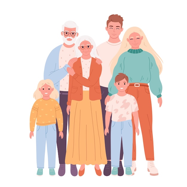 Family portrait Parents grandparents and children World family day Vector illustration