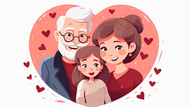 a family portrait with a child and a heart shaped frame