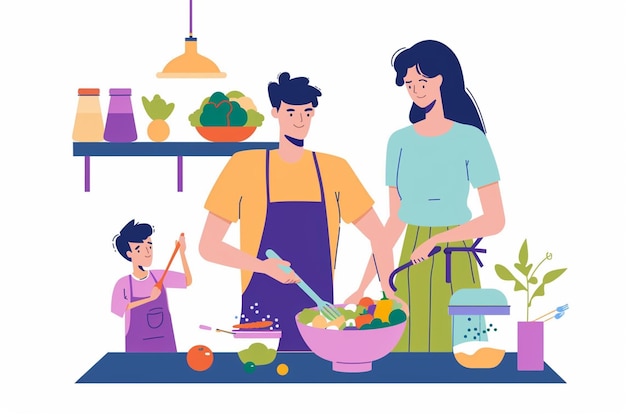 Vector family preparing food together in kitchen