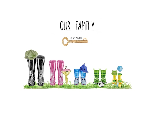 Family print concept with watercolor wellies boots for five Colorful rain boots collection