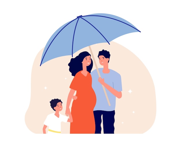 Vector family protection concept. man holding umbrella under pregnant wife and son. happy parents and child. life insurance, social protect metaphor vector illustration. family protection and medical safety