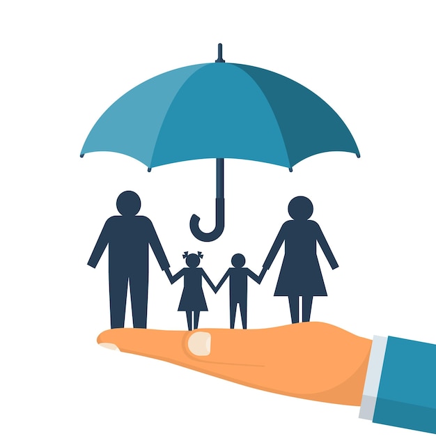 Vector family protection. insurance concept. vector illustration flat design. isolated on white background. paper chain people. agent hold umbrella hand protects the family. health care, safety. helping.