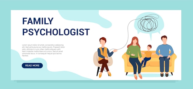 Family psychologist unraveling tangle. Difficult relationships in the family. Problems of communication between parents and children. Vector banner template.