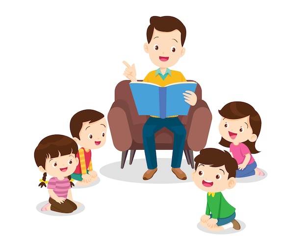 Family reading fairy tales to children reading and telling book fairy tale story