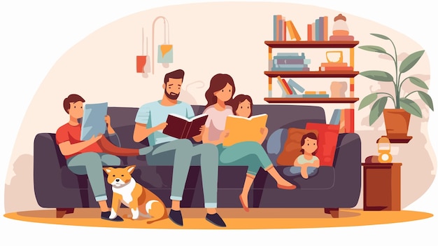 Vector family reading together parents and children enjoying books at home